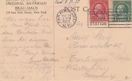 USA: 1929: post card Brau-Haus, New York to Esslingen