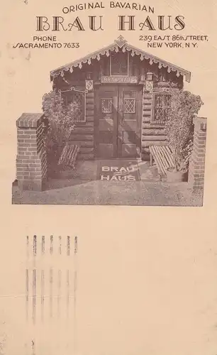 USA: 1929: Post card Brau-Haus, New York to Esslingen