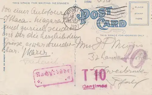 USA 1927: Lockport, NY, post card to Zweibrücken/Germany
