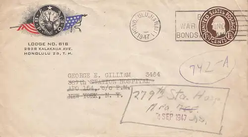 États-Unis d'Amérique 1947: Honolulu to New York, forwarded