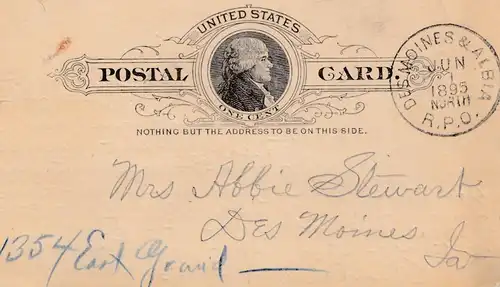 USA 1895: post card Des Moines & Albia, R.P.O