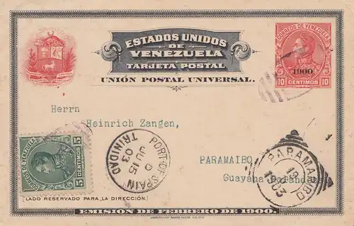 Venezuela 1903: post card Port of Spain, Trinidad to Paramaibo