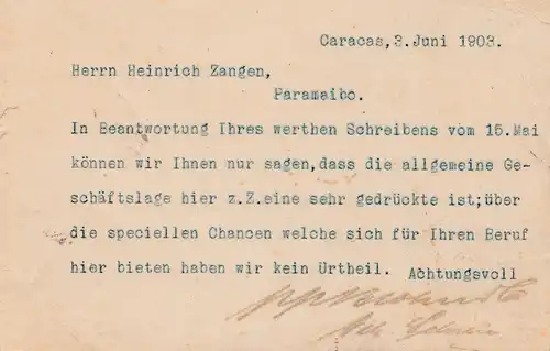 Venezuela 1903: post card Port of Spain, Trinidad to Paramaibo