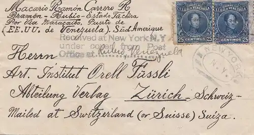 letter from Rubio to Zurich/Switzerland, Received at NY under Cover from Post