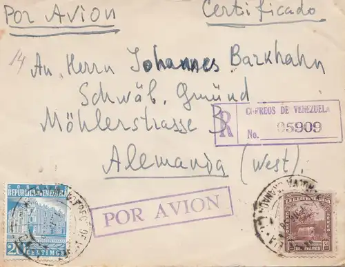 Venezuela air mail registered to Schwäbisch Gmünd
