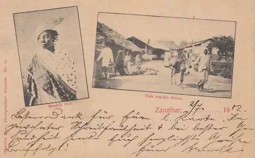 Zanzibar 1902: poste card Tish market street to Hambourg