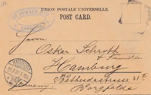 Zanzibar 1902: post card Tish market street to Hamburg