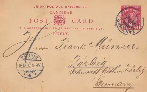 Zanzibar 1897 post card to Zörbig/Germany