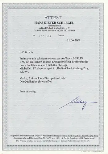 Berlin: MiNr. 17, FDC zum Postschnelldienst 1.3.1949, BPP Attest