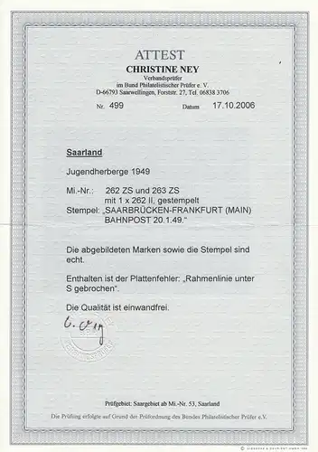 Sarre Min. 262 ZS et 263 Z S avec 262 II, cacheté en 1949, BPP Attest