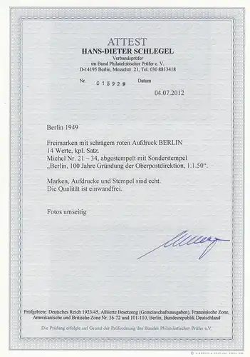 Berlin: Min. 21-34, cachet spécial 1950, BPP Attest