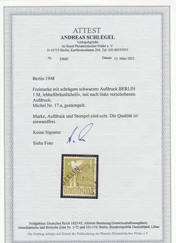 Berlin: Min. 17a, impression déplacée, cachetée avec BPP Attest