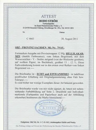 SBZ: MiNr. 79 bY, weißes Papier, **, postfrisch, BPP Attest