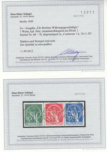 Berlin MiNr. 68-70, gestempelt Cuxhaven 1950, BPP Befund