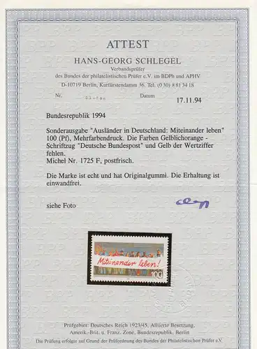 Bund: MiNr. 1725 F, Farben fehlen teilweise, postfrisch, **, BPP Attest