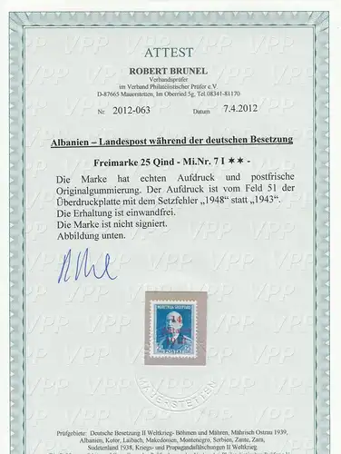 Albanie: Min. 7 I, frais de port, **, erreur de mise en place 1948 au lieu de 1943