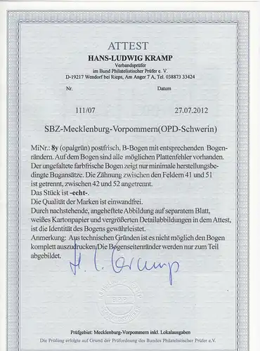 SBZ: MiNr. 8y, B-Bogen, Eckrand, postfrisch, **, BPP Attest