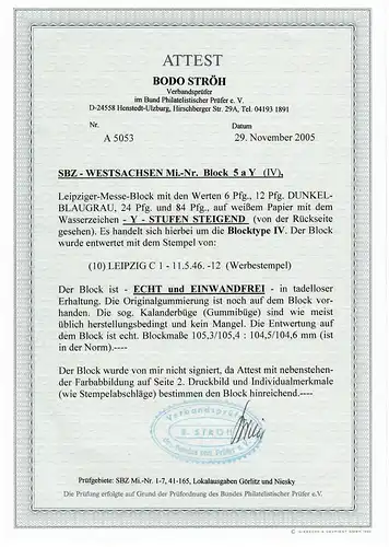 SBZ: MiNr. Block 5 aY (IV), cacheté Leipzig, BPP Attest