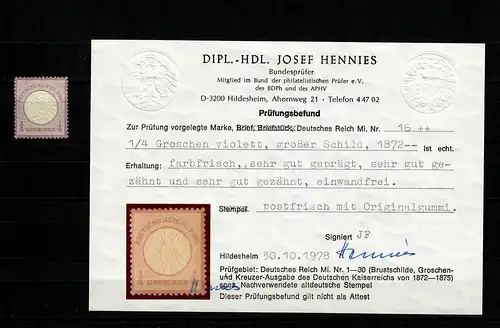 DR: MiNr. 16, postfrisch, **, BPP Befund