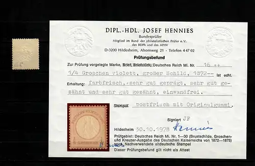 DR: MiNr. 16, postfrisch, **, BPP Befund