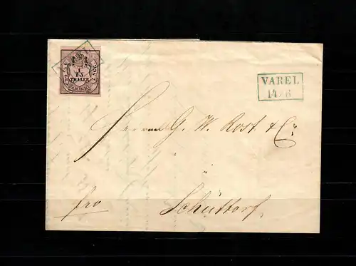 Oldenburg Min. 3 sur lettre Varel 1854 vers Schütdorf