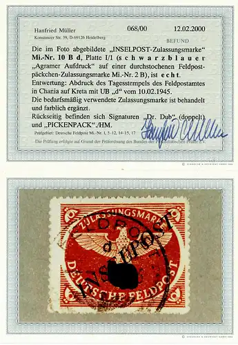 Feldpost MiNr. 10 B d, Platte I/1, gestempelt 10.2.1945, BPP Befund
