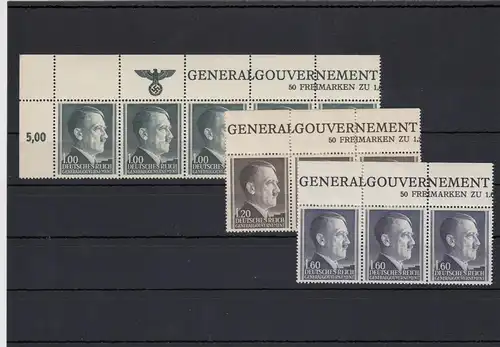 GG Generalgouvernement MiNr. 86-88B, Oberrand mit Inschrift GG, **