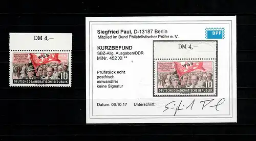 DDR: MiNr. 452 XI, postfrisch, ** vom Oberrand mit BPP Befund