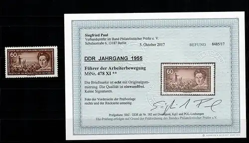 DDR MiNr. 478 XI, postfrisch, **, Führer der Arbeiterbewegung, BPP Befund