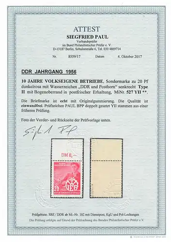 DDR MiNr. 527 YII, postfrisch, **, vom Oberrand, Type II mit BPP Attest