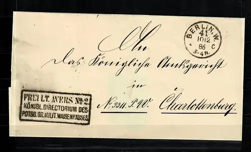 1886 Aversbrief Königl. Directorim Militär Waisenhaus Berlin nach Charlottenburg