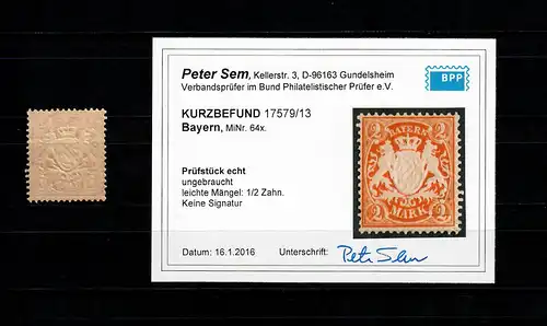 Bayern MiNr. 64x, non utilisé, *, BPP résultats, défauts légers