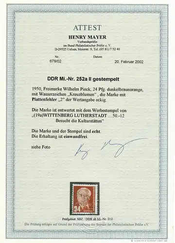 DDR MiNr. 252a II, gestempelt Wittenberg mit Plattenfehler, BPP Attest