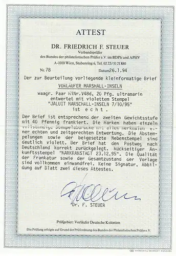 Îles Marshall Précurseur Jaluit 7.10.1895, 2ème étape en moyenne par ville de Markrandt, BPP