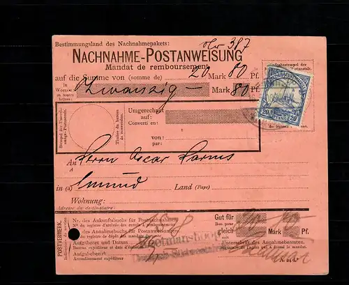 DSWA: Nachnahme Postanweisung Keetmanshoop nach Swakopmund, seltenes Formular