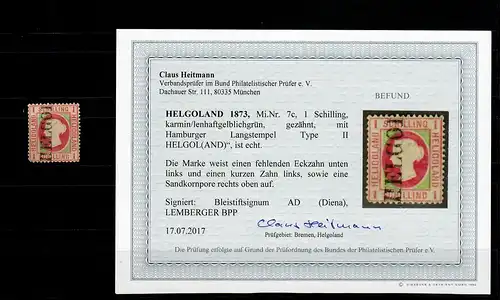 Helgoland MiNr. 7c, Type II, gestempelt, BPP Befund