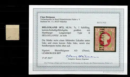 Helgoland MiNr. 7c, Type II, gestempelt, BPP Befund