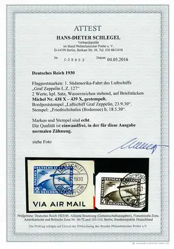 DR: MiNr. 438X - 439X, gestempelt Friedrichshafen, BPP Attest