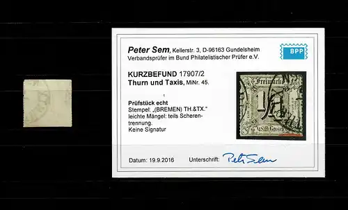 Thurn & Taxis MiNr. 45, Stempel Bremen, BPP Befund