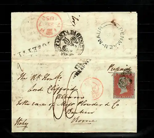 GB 1841: # 3 II a, SG 8, Lord Clifford correspondence to Italy, scarce usage