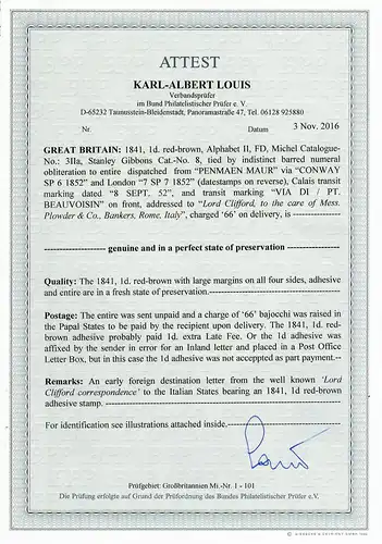 GB 1841: # 3 II a, SG 8, Lord Clifford correspondence to Italy, scarce usage