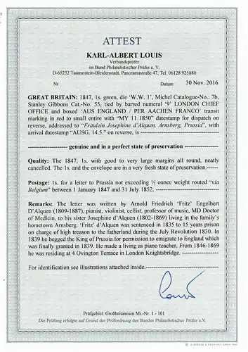 GB 1847: # 7b, SG 55, London chief office to Arnsberg, 2x certificates