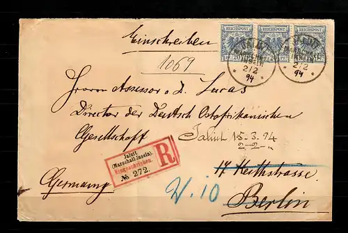 Îles Maréchal 1890/1900 Waagr. 3 bandes, lettre R Jaluit à Berlin