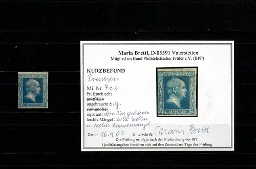 Preussen MiNr. 7c x, ungebraucht, ohne Gummi, BPP Befund