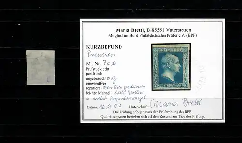 Preussen MiNr. 7c x, ungebraucht, ohne Gummi, BPP Befund