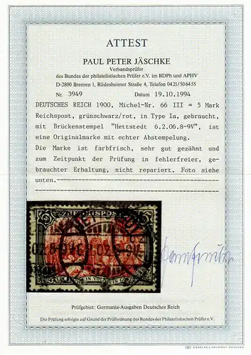 DR: MiNr. 66 III, Type Ia, gestempelt Hettstedt 1906, BPP Attest