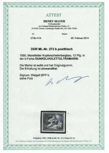 DDR MiNr. 273b, post-fraîchissement, **, BPP Signature