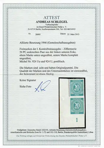 MiNr. 924 Uu und 924U, postfrisch, **, Eckrandstück, BPP Attest