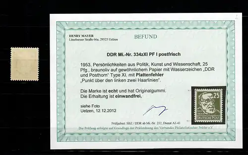 DDR Min. 334xXI PF I, post-frais, **, erreur de plaque