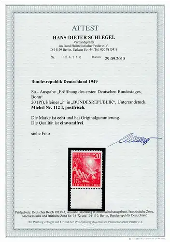 Bund: MiNr. 112 I, postfrisch, ** mit Plattenfehler, BPP Attest